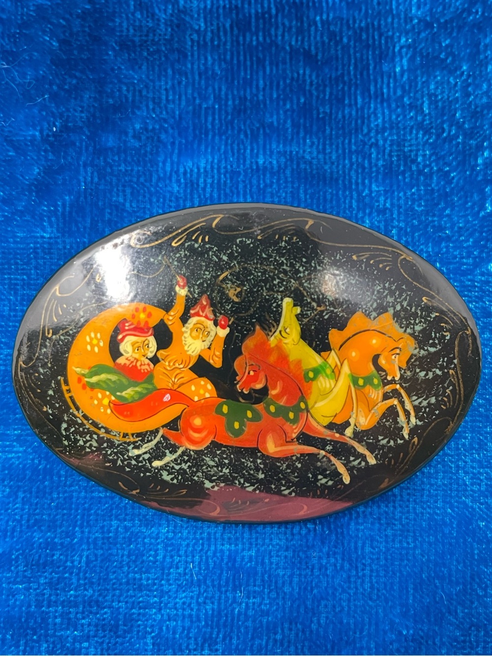 Hand-Painted Signed Russian Black Lacquer Brooch